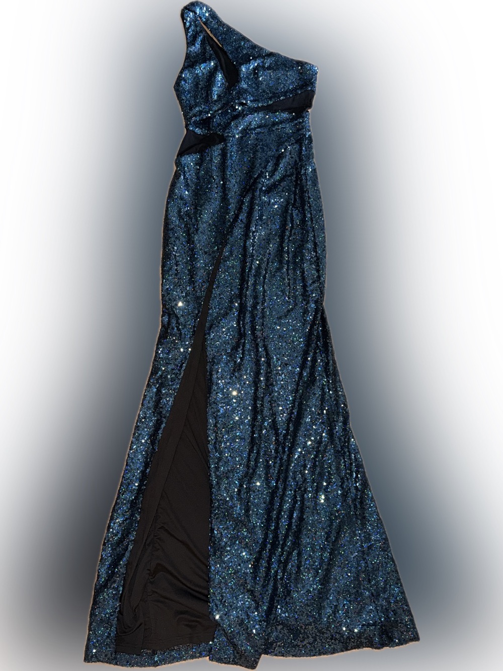 Sparkling Navy One Shoulder Maxi Dress with Front Slit